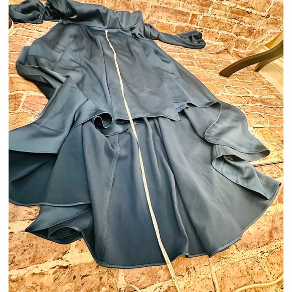 Aidan Mattox Teal Blue Satin V-Neck High-Low Midi Dress Bishop Sleeve Size 14 - Picture 15 of 16